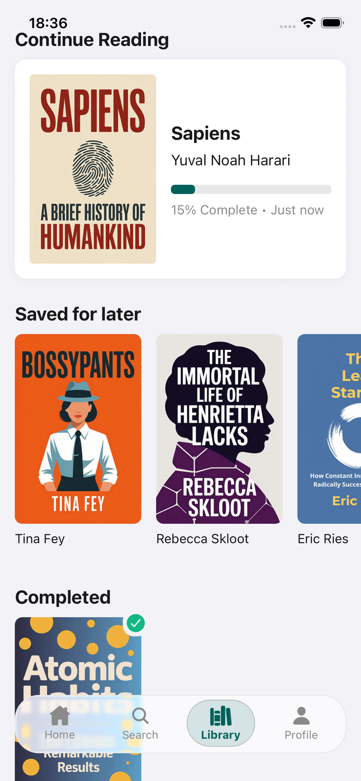 Readsome library screen showing reading progress and saved books